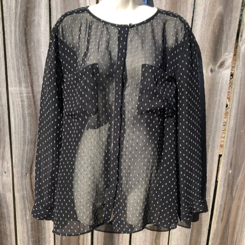 Ann Taylor LOFT XL Black Blouse Button Down Top Sheer Pocket Swiss Dot White